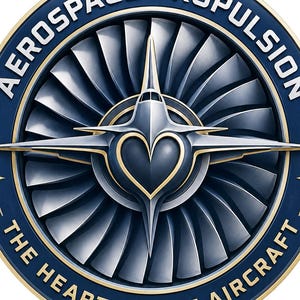 May include: A circular emblem featuring a metallic silver jet engine fan with a central heart-shaped nose cone. The dark blue border contains the white text AEROSPACE PROPULSION and THE HEART OF THE AIRCRAFT, accented by two small gold stars.