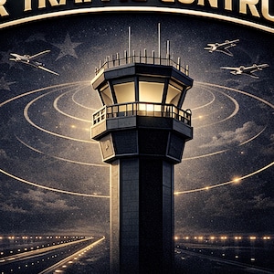 May include: A shield-shaped emblem with the words "AIR TRAFFIC CONTROL" in gold lettering. The image features an airport control tower, airplanes, and the text "EYES ON THE SKY". The background depicts a night sky with stars and a runway.