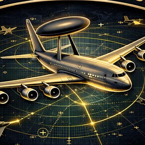 May include: A shield-shaped emblem featuring an aircraft with a radar dome, surrounded by smaller planes and a grid pattern. The text "AIRBORNE CONTROL" arches across the top, with "BATTLE MANAGEMENT" at the bottom. The design uses gold and dark blue tones.