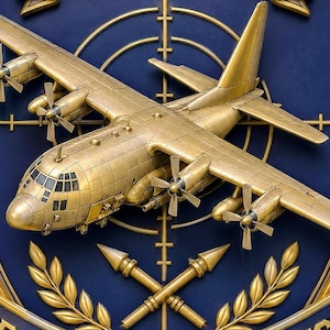 May include: A decorative wall plaque shaped like a shield with a dark blue background and gold trim. It features a gold-colored four-engine aircraft, a crosshair target, and two crossed missiles. The text GUNSHIP and PRECISION OVERWATCH is displayed.