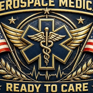 May include: A shield-shaped emblem featuring the text AEROSPACE MEDICAL and READY TO CARE. The design includes a central gold caduceus, a blue star of life, two American flags, golden wings, laurel branches, and several gold stars.