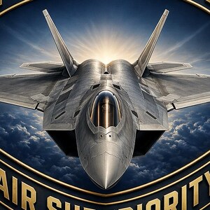 May include: A shield-shaped emblem featuring a metallic F-22 Raptor fighter jet flying above clouds. The text F-22 RAPTOR is at the top and AIR SUPERIORITY is at the bottom in gold lettering against a dark blue background with a gold border.
