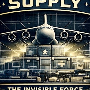 May include: A circular emblem with a gold border and a dark blue background. The word "SUPPLY" is at the top, with an airplane in the center. Below the plane are boxes and the text "THE INVISIBLE FORCE".