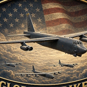May include: A shield-shaped emblem featuring a gray B-52 bomber flying above three smaller aircraft against a backdrop of the American flag and clouds. The top banner reads STRATEGIC BOMBER and the bottom banner reads GLOBAL STRIKE in gold lettering.