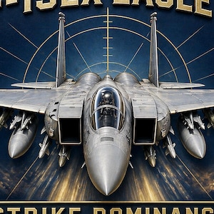May include: A shield-shaped emblem featuring a silver F-15EX Eagle II fighter jet centered against a dark blue background with a radar grid. The text F-15EX EAGLE II appears at the top and STRIKE DOMINANCE at the bottom in gold lettering.