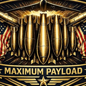 May include: A shield-shaped emblem featuring the text STRATEGIC ORDNANCE at the top and MAXIMUM PAYLOAD at the bottom. The design includes a central array of gold-colored bombs, two American flags, and a stylized aircraft silhouette in black and gold.