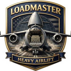 K&ouml;nnte beinhalten: Ein schildf&ouml;rmiges Emblem mit dunkelblauem und goldenem Rand, das oben den Text LOADMASTER und unten HEAVY AIRLIFT tr&auml;gt. Ein graues Frachtflugzeug mit ge&ouml;ffneter Bugklappe steht auf einer Startbahn, im Hintergrund ein Globus und die US-Flagge.