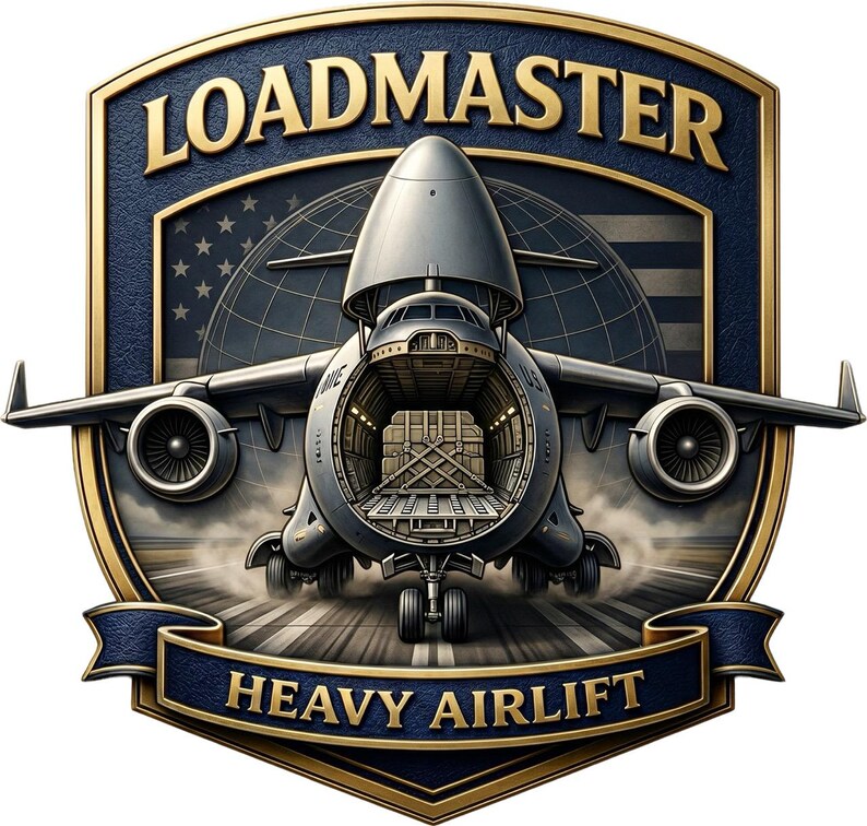 K&ouml;nnte beinhalten: Ein schildf&ouml;rmiges Emblem mit dunkelblauem und goldenem Rand, das oben den Text LOADMASTER und unten HEAVY AIRLIFT tr&auml;gt. Ein graues Frachtflugzeug mit ge&ouml;ffneter Bugklappe steht auf einer Startbahn, im Hintergrund ein Globus und die US-Flagge.