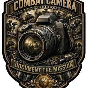 May include: A shield-shaped emblem featuring a camera in the center, surrounded by film strips with military scenes. The text reads COMBAT CAMERA at the top and DOCUMENT THE MISSION on a banner below, with a globe and laurel wreath at the base.