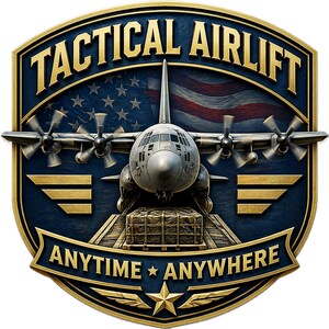 K&ouml;nnte beinhalten: Ein schildf&ouml;rmiges Emblem mit einem viermotorigen Frachtflugzeug und einer Frachtpalette vor einem stilisierten amerikanischen Flaggenhintergrund. Der Text TACTICAL AIRLIFT steht oben, ANYTIME ANYWHERE unten, akzentuiert in Gold und Blau.