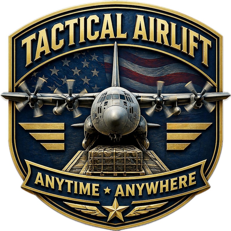 K&ouml;nnte beinhalten: Ein schildf&ouml;rmiges Emblem mit einem viermotorigen Frachtflugzeug und einer Frachtpalette vor einem stilisierten amerikanischen Flaggenhintergrund. Der Text TACTICAL AIRLIFT steht oben, ANYTIME ANYWHERE unten, akzentuiert in Gold und Blau.