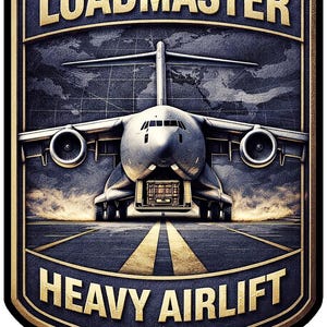 K&ouml;nnte beinhalten: Ein schildf&ouml;rmiges Emblem mit einem Frachtflugzeug auf einer Startbahn, mit dem Text LOADMASTER oben und HEAVY AIRLIFT unten. Das Design umfasst einen Weltkartenhintergrund, goldfarbene Schriftz&uuml;ge und einen einzelnen Stern an der Basis.