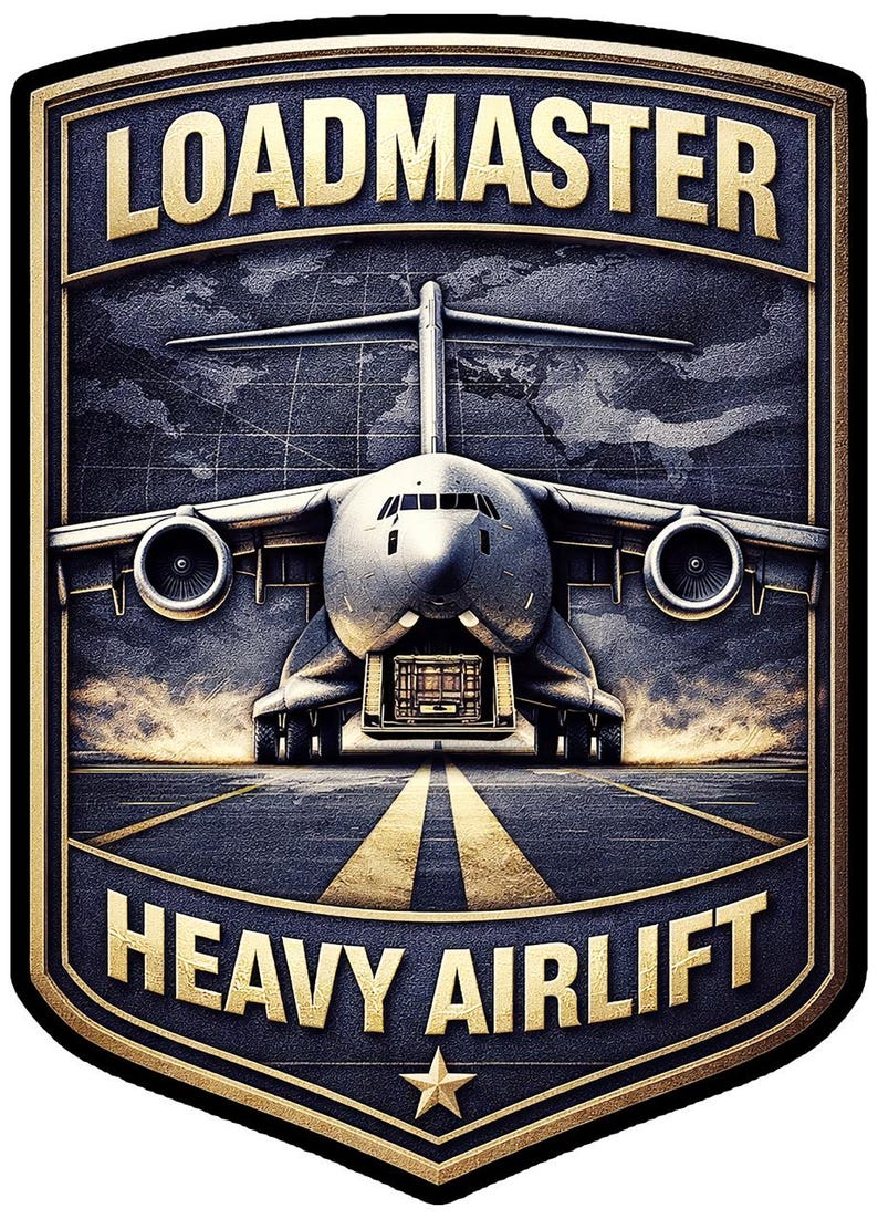 K&ouml;nnte beinhalten: Ein schildf&ouml;rmiges Emblem mit einem Frachtflugzeug auf einer Startbahn, mit dem Text LOADMASTER oben und HEAVY AIRLIFT unten. Das Design umfasst einen Weltkartenhintergrund, goldfarbene Schriftz&uuml;ge und einen einzelnen Stern an der Basis.