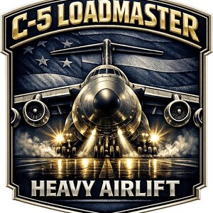 May include: A shield-shaped emblem featuring a C-5 Galaxy aircraft centered on a runway with bright landing lights. The text C-5 LOADMASTER appears in gold at the top, and HEAVY AIRLIFT is in silver at the bottom, set against a dark American flag.