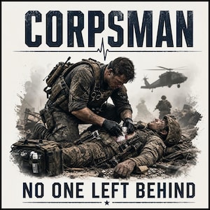 May include: A graphic print featuring the text CORPSMAN and NO ONE LEFT BEHIND. The image depicts a military medic in camouflage gear kneeling to provide medical aid to an injured soldier on a battlefield, with a helicopter flying in the background.
