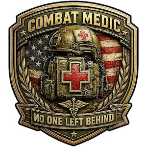 May include: A shield-shaped emblem featuring a combat helmet and medical bag with red crosses, set against a distressed American flag. The text COMBAT MEDIC appears at the top, and NO ONE LEFT BEHIND is at the bottom, with a caduceus symbol in center.