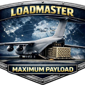May include: A metallic shield-shaped emblem featuring a grey cargo aircraft with its rear ramp lowered, loading a pallet of crates. The text LOADMASTER appears at the top and MAXIMUM PAYLOAD at the bottom, set against a dark world map background.