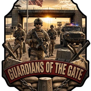 May include: A shield-shaped graphic featuring three soldiers in tactical gear standing before a gate with an American flag, a military vehicle, and the text "GUARDIANS OF THE GATE" on a red banner above sandbags and a metal chain.
