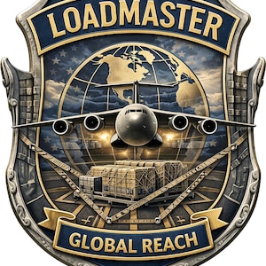 Puede incluir: Un emblema en forma de escudo que muestra un avi&oacute;n de carga sobre un globo terr&aacute;queo y cajas de transporte apiladas. El texto LOADMASTER aparece arriba y GLOBAL REACH abajo en cintas azules. El dise&ntilde;o incluye bordes de color plata met&aacute;lica.