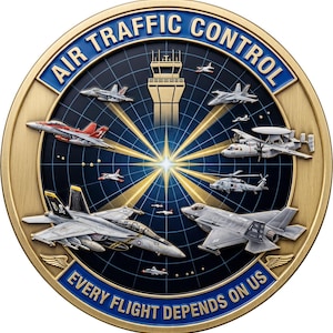 May include: A circular brass-toned medallion featuring a blue radar screen background with a central control tower icon. It displays various military aircraft, including jets and a helicopter, with the text AIR TRAFFIC CONTROL and EVERY FLIGHT DEPENDS ON US.