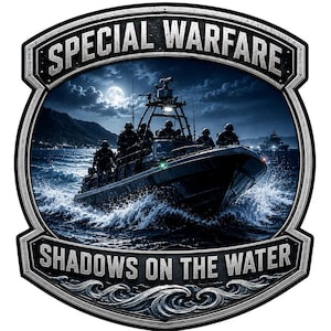 May include: A shield-shaped emblem featuring a military boat navigating dark waters at night under a full moon. The text SPECIAL WARFARE is at the top and SHADOWS ON THE WATER is at the bottom. The design includes silhouettes of personnel on deck.