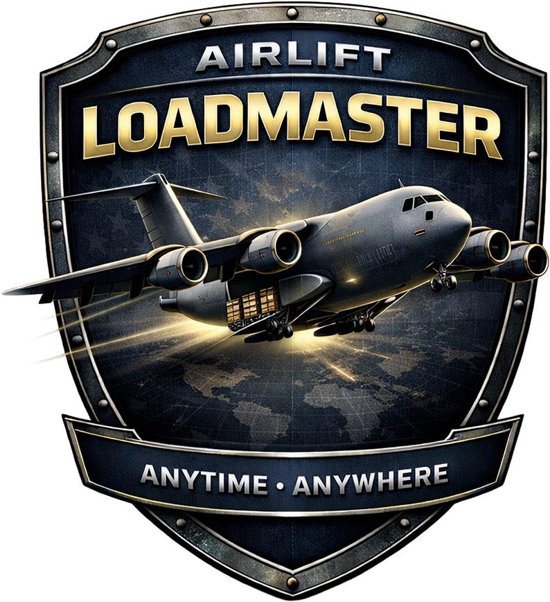 Puede incluir: Un emblema azul oscuro en forma de escudo con un avi&oacute;n de carga militar gris en vuelo. El texto AIRLIFT LOADMASTER aparece en dorado en la parte superior, y ANYTIME ANYWHERE est&aacute; impreso en blanco en una banda inferior sobre un mapa mundial.