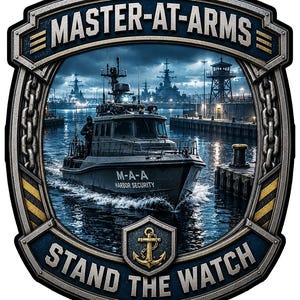 May include: A decorative emblem featuring a harbor security boat labeled M-A-A, surrounded by a metallic frame with chains and yellow hazard stripes. The text MASTER-AT-ARMS appears at the top, STAND THE WATCH at the bottom, and a gold anchor icon.