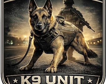May include: A shield-shaped emblem featuring a German Shepherd wearing a tactical harness and leash. The text SECURITY FORCES appears at the top, and K9 UNIT is at the bottom. A silhouette of a soldier with a rifle stands in the background.