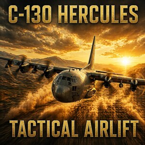 K&ouml;nnte beinhalten: Ein C-130 Hercules Milit&auml;rtransportflugzeug im Flug vor einem goldenen Sonnenuntergangshimmel. Das Flugzeug verf&uuml;gt &uuml;ber vier Turboprop-Triebwerke mit rotierenden Propellern. Der Text C-130 HERCULES steht oben und TACTICAL AIRLIFT unten.