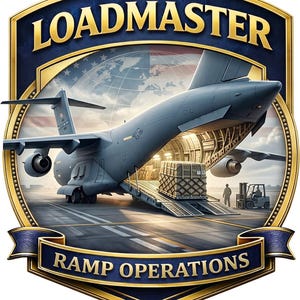 K&ouml;nnte beinhalten: Ein kreisf&ouml;rmiges Emblem mit einem grauen milit&auml;rischen Frachtflugzeug mit ge&ouml;ffneter Heckrampe auf einer Startbahn. Eine palettierte Kiste steht auf der Rampe, daneben ein Gabelstapler. Der Text LOADMASTER steht oben und RAMP OPERATIONS unten.