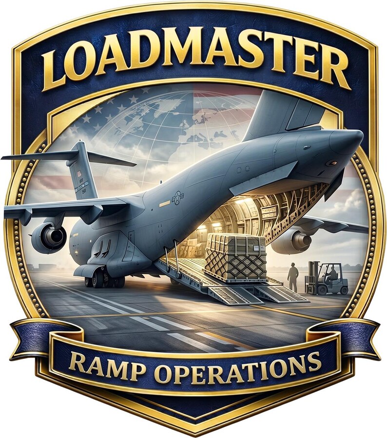 K&ouml;nnte beinhalten: Ein kreisf&ouml;rmiges Emblem mit einem grauen milit&auml;rischen Frachtflugzeug mit ge&ouml;ffneter Heckrampe auf einer Startbahn. Eine palettierte Kiste steht auf der Rampe, daneben ein Gabelstapler. Der Text LOADMASTER steht oben und RAMP OPERATIONS unten.
