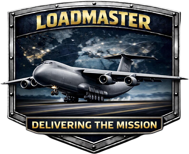 May include: A metallic shield-shaped emblem featuring a gray military cargo aircraft on a runway. The text LOADMASTER appears at the top in gold, and DELIVERING THE MISSION is at the bottom. A dark world map with light connections serves as the background.