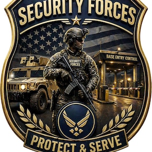 May include: A shield-shaped emblem with the words "SECURITY FORCES" and "PROTECT & SERVE" in gold lettering. The emblem features a soldier, a Humvee, and the American flag. The Air Force logo is also present.