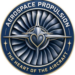 May include: A circular emblem featuring a metallic silver jet engine fan with a central heart-shaped nose cone. The dark blue border contains the white text AEROSPACE PROPULSION and THE HEART OF THE AIRCRAFT, accented by two small gold stars.