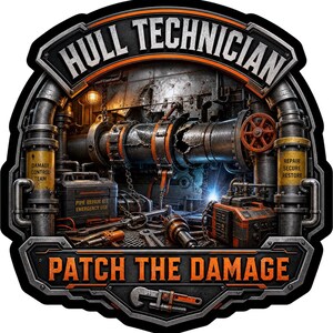 May include: A detailed, stylized graphic featuring the text "HULL TECHNICIAN" and "PATCH THE DAMAGE". The image depicts a mechanical scene with pipes, tools, and the words "DAMAGE CONTROL TEAM" and "REPAIR SECURE RESTORE". The color palette includes shades of orange, gray, and black.