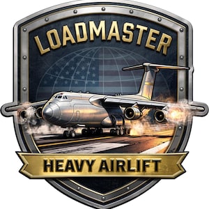 May include: A shield-shaped emblem featuring a silver cargo aircraft on a runway with a globe and American flag background. The text LOADMASTER is arched at the top, and HEAVY AIRLIFT is on a gold banner at the bottom, all within a metallic border.