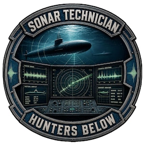 May include: A circular emblem featuring the text SONAR TECHNICIAN and HUNTERS BELOW. The design displays a submarine underwater, a central radar screen, and side monitors showing passive sonar, acoustic spectrum, and tactical contact analysis data.