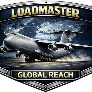May include: A metallic shield-shaped emblem featuring a large gray cargo aircraft on a runway against a world map background. The text LOADMASTER is printed in gold at the top, and the text GLOBAL REACH is printed in gold at the bottom.