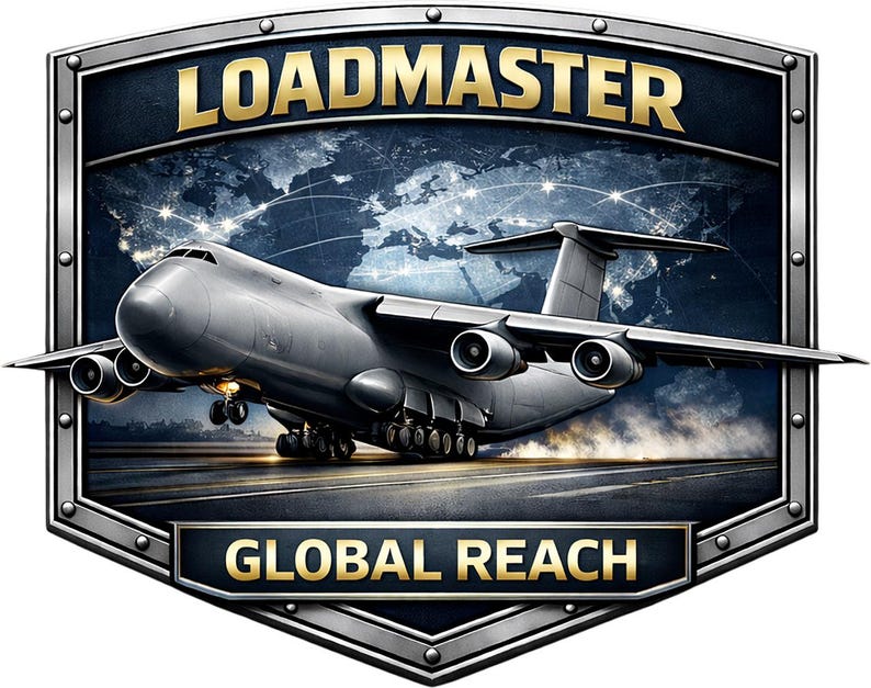 May include: A metallic shield-shaped emblem featuring a large gray cargo aircraft on a runway against a world map background. The text LOADMASTER is printed in gold at the top, and the text GLOBAL REACH is printed in gold at the bottom.