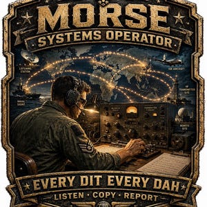May include: A decorative sign featuring a Morse Systems Operator at a radio console. The text reads MORSE SYSTEMS OPERATOR, EVERY DIT EVERY DAH, LISTEN COPY REPORT, and labels for LISTENING STATION, ISR AIRCRAFT, NAVAL SIGINT, HF TRANSMITTER SITE, and REMOTE SITE.