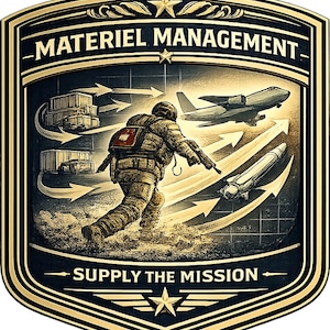 May include: A shield-shaped emblem with a black and gold border featuring the text MATERIEL MANAGEMENT and SUPPLY THE MISSION. The center depicts a soldier in tactical gear, a cargo plane, shipping containers, and a missile with directional arrows.