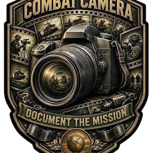 May include: A shield-shaped emblem featuring a camera in the center, surrounded by film strips with military scenes. The text reads COMBAT CAMERA at the top and DOCUMENT THE MISSION on a banner below, with a globe and laurel wreath at the base.