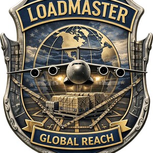 K&ouml;nnte beinhalten: Ein schildf&ouml;rmiges Emblem mit einem Frachtflugzeug &uuml;ber einem Globus und gestapelten Transportkisten. Der Text LOADMASTER steht oben und GLOBAL REACH unten auf blauen Bannern. Das Design umfasst metallisch silberne Umrandungen.