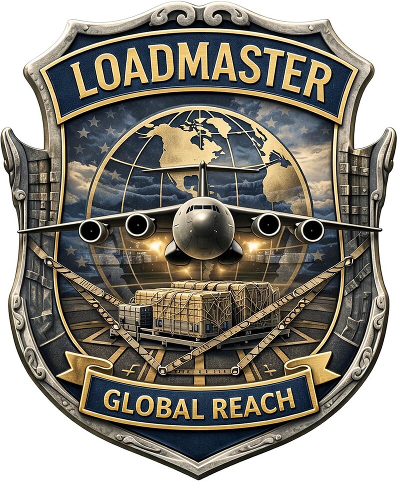 K&ouml;nnte beinhalten: Ein schildf&ouml;rmiges Emblem mit einem Frachtflugzeug &uuml;ber einem Globus und gestapelten Transportkisten. Der Text LOADMASTER steht oben und GLOBAL REACH unten auf blauen Bannern. Das Design umfasst metallisch silberne Umrandungen.