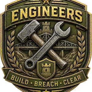 May include: A shield-shaped emblem in dark green and gold featuring a sledgehammer and wrench crossed over a bridge and castle background. The text ENGINEERS is at the top, and the text BUILD • BREACH • CLEAR is at the bottom of the emblem.