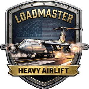 May include: A shield-shaped emblem featuring a silver cargo aircraft on a runway with a globe and American flag background. The text LOADMASTER is arched at the top, and HEAVY AIRLIFT is on a gold banner at the bottom, all within a metallic border.