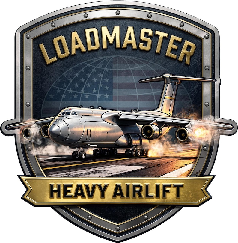 May include: A shield-shaped emblem featuring a silver cargo aircraft on a runway with a globe and American flag background. The text LOADMASTER is arched at the top, and HEAVY AIRLIFT is on a gold banner at the bottom, all within a metallic border.