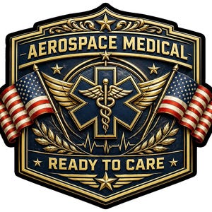 May include: A shield-shaped emblem featuring the text AEROSPACE MEDICAL and READY TO CARE in gold lettering. The design includes a central blue Star of Life symbol with gold wings, flanked by two American flags and gold laurel leaf accents.