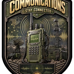 May include: A shield-shaped sign featuring a green military-style handheld radio with a screen displaying a waveform. The text reads COMMUNICATIONS and STAY CONNECTED. The background includes a satellite dish, a radio tower, and a world map.