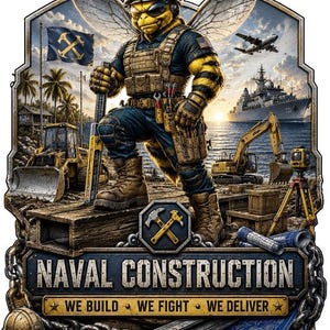 May include: A graphic illustration of a bee wearing a tactical vest and hard hat, standing on a steel beam. The scene includes construction equipment, a naval ship, and a flag. Text reads: NAVAL CONSTRUCTION, WE BUILD, WE FIGHT, WE DELIVER.